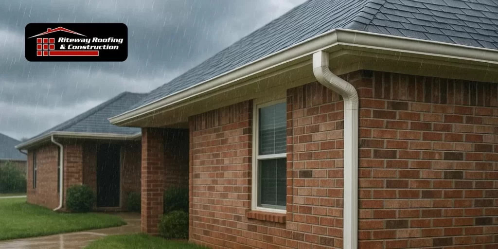 A image of a suburban Oklahoma brick house during a spring rainstorm, showing water flowing from a white gutter downspout into a green lawn.